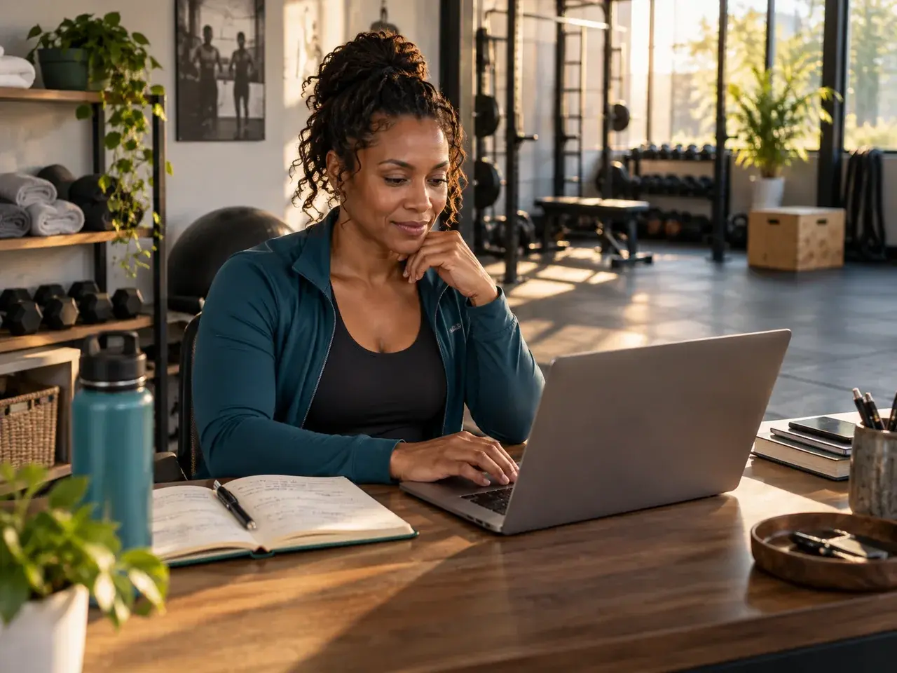 A coach planning her week on a laptop in her studio