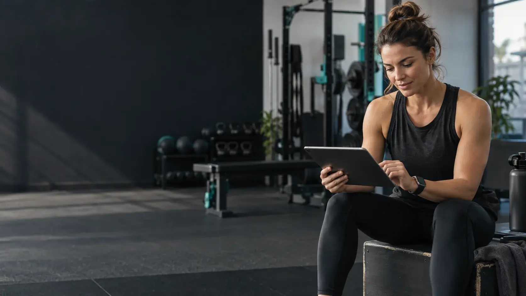A coach checking her clients on a tablet in her gym