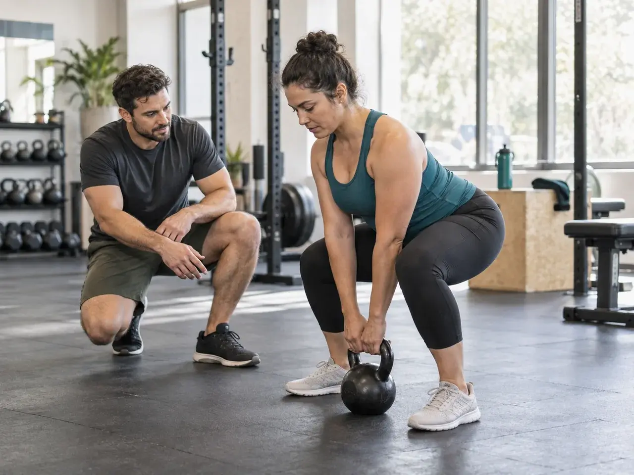 A coach cueing a client through a kettlebell lift